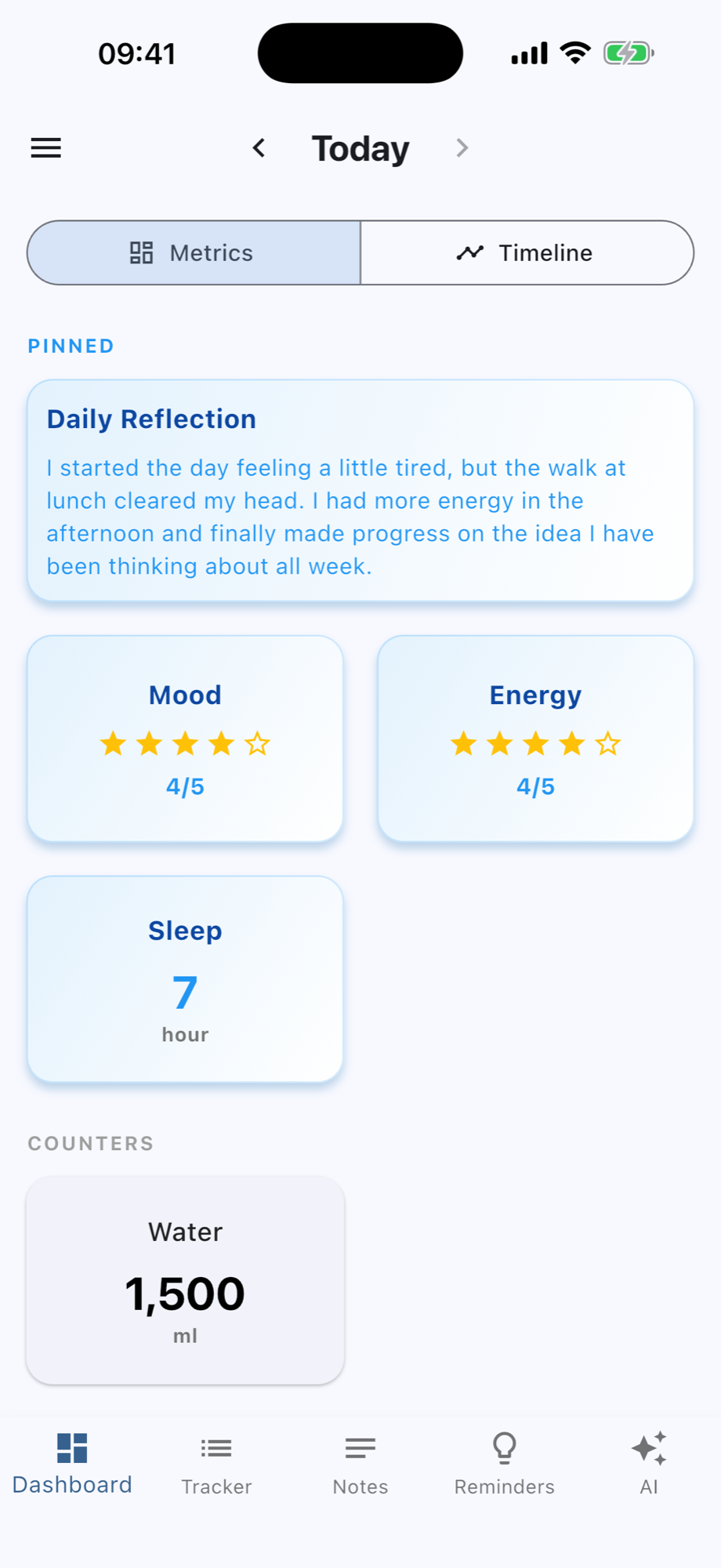 Track Anything dashboard with a daily reflection, mood, energy, sleep and water