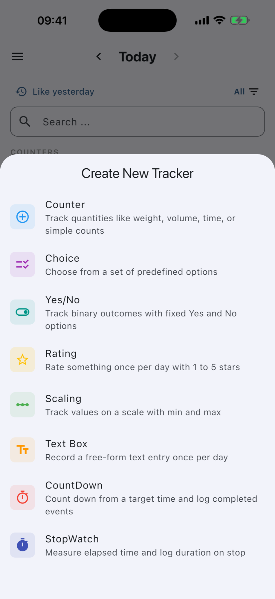 Create New Tracker sheet with counter, choice, rating, scaling, text and timer options