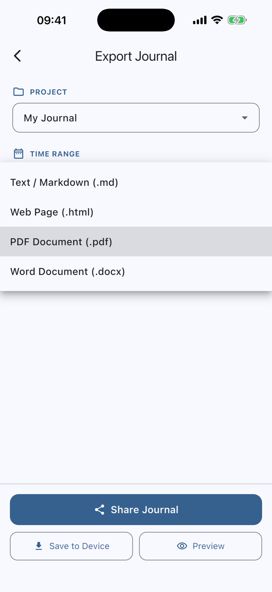 Journal export options including Markdown, HTML, PDF and DOCX
