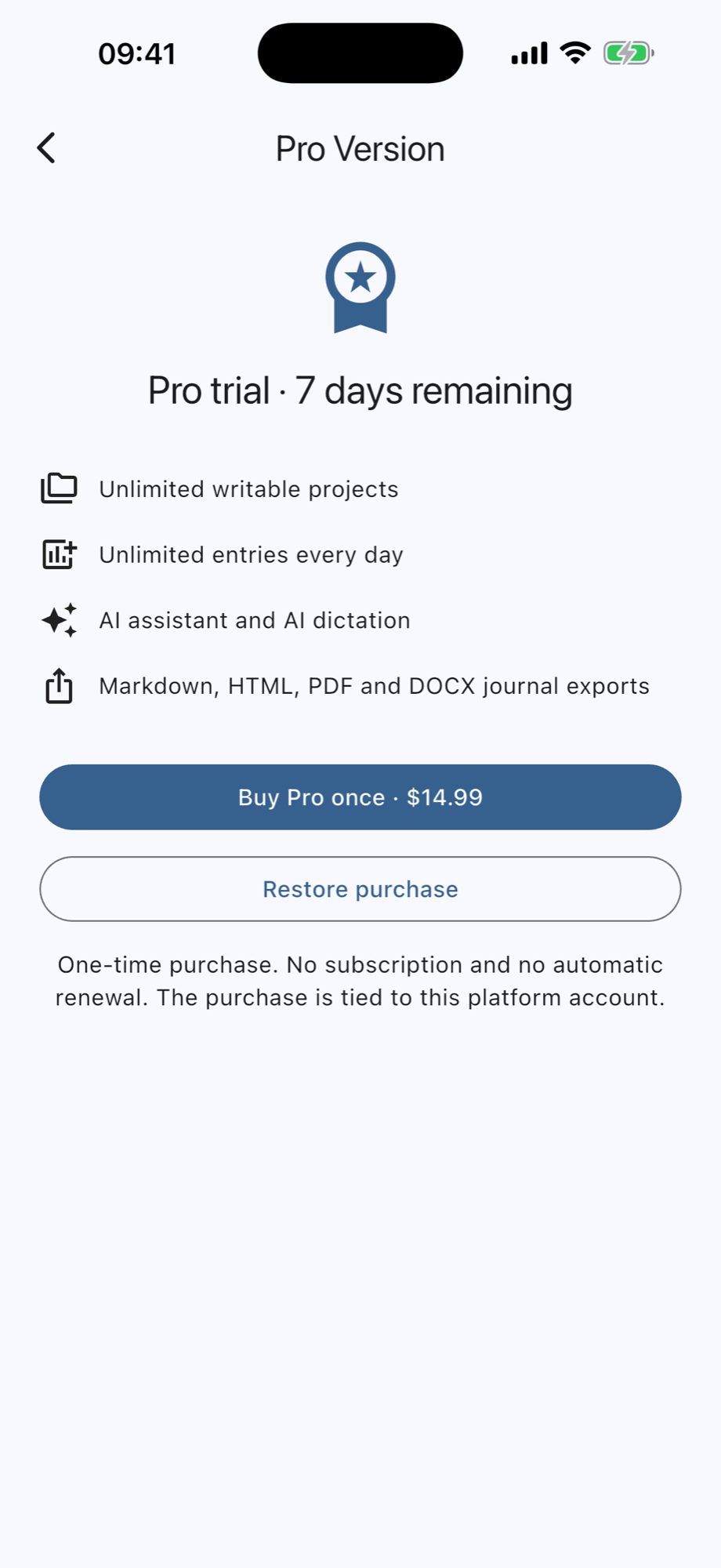 Track Anything Pro screen offering a seven-day trial and one-time purchase